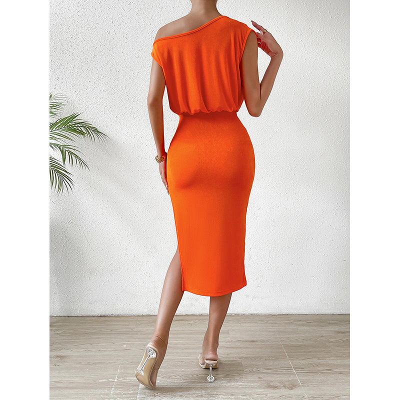 Orange One Shoulder Sheath Midi Dress