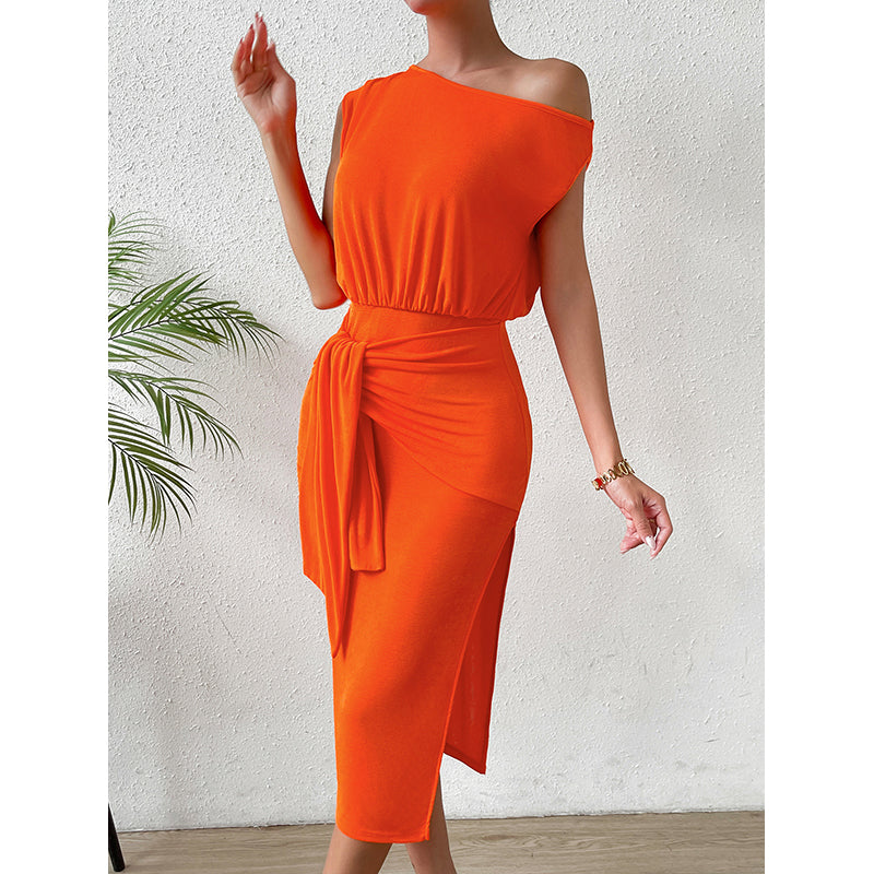Orange One Shoulder Sheath Midi Dress