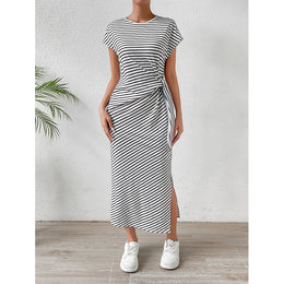 White & Black Striped T-shirt Maxi Dress