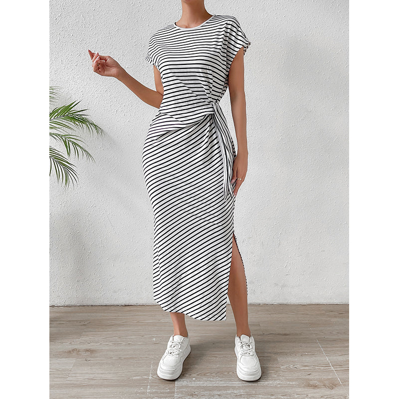 White & Black Striped T-shirt Maxi Dress