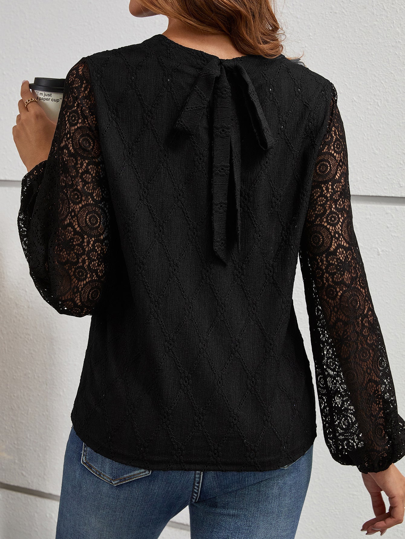 Black Self Designed High Neck Puff Sleeve Semi Sheer Net Top
