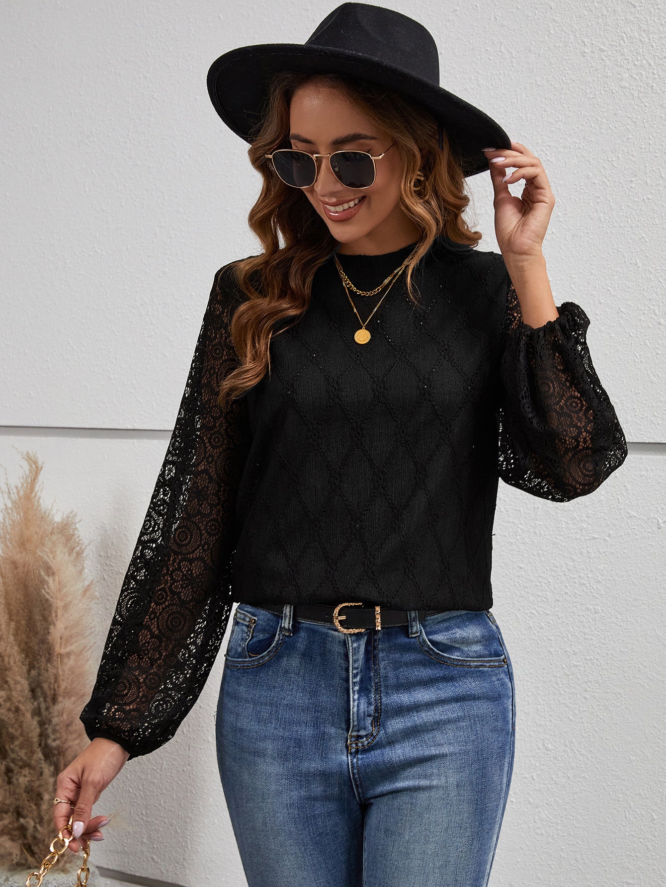 Black Self Designed High Neck Puff Sleeve Semi Sheer Net Top
