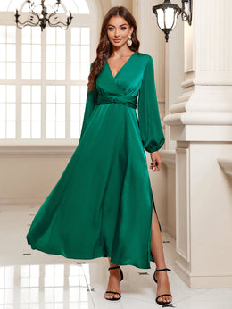 Green V-Neck Bishop Sleeves Maxi Dress