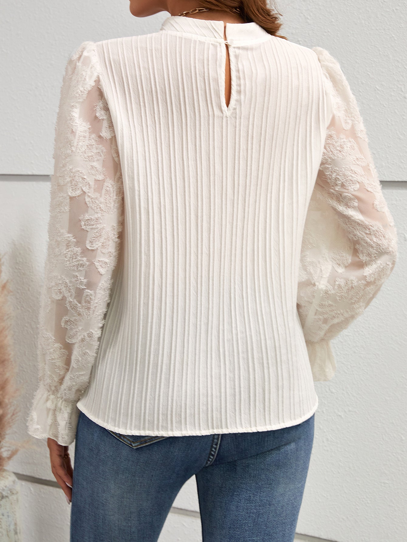 Off White Self Design Puff Sleeves Top