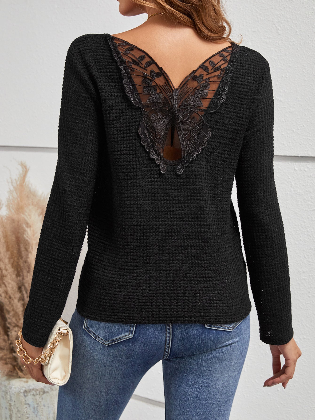 Black Self Design V-Neck Semi Sheer Styled Back Top