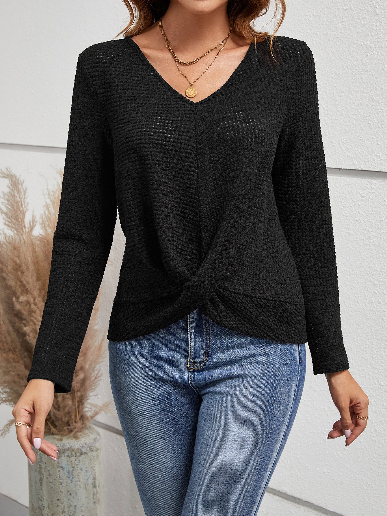 Black Self Design V-Neck Semi Sheer Styled Back Top