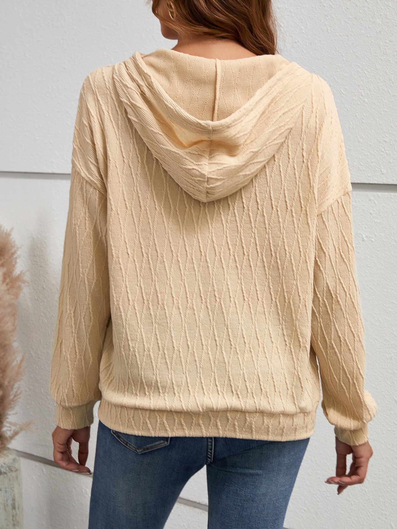 Beige Self Design Hooded Jacquard Sweatshirt