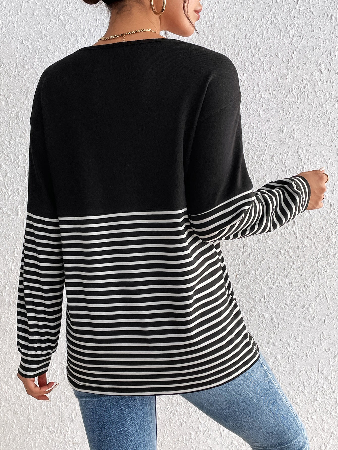 Black Horizontal Striped Drop Shoulder Sleeves Longline Top