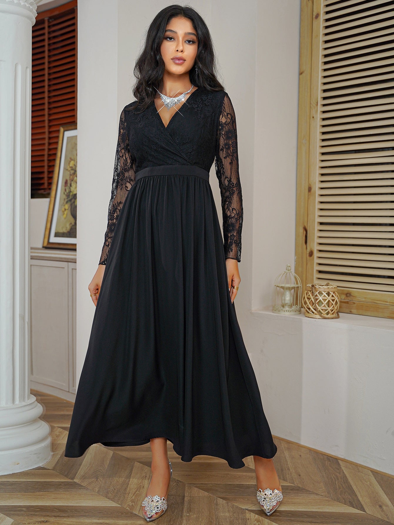 Black V-Neck Gathered A-Line Maxi Dress
