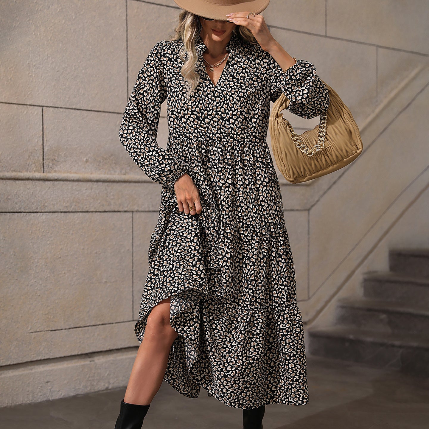 Animal Printed A-Line Midi Dress