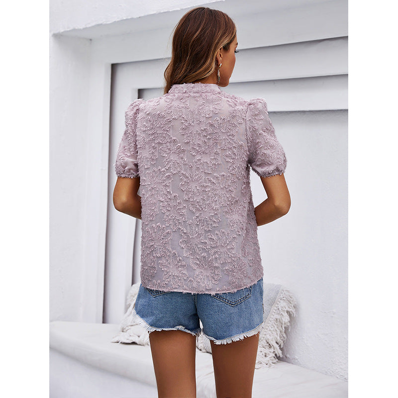 Mandarin Collar Puff Sleeves Shirt Style Top
