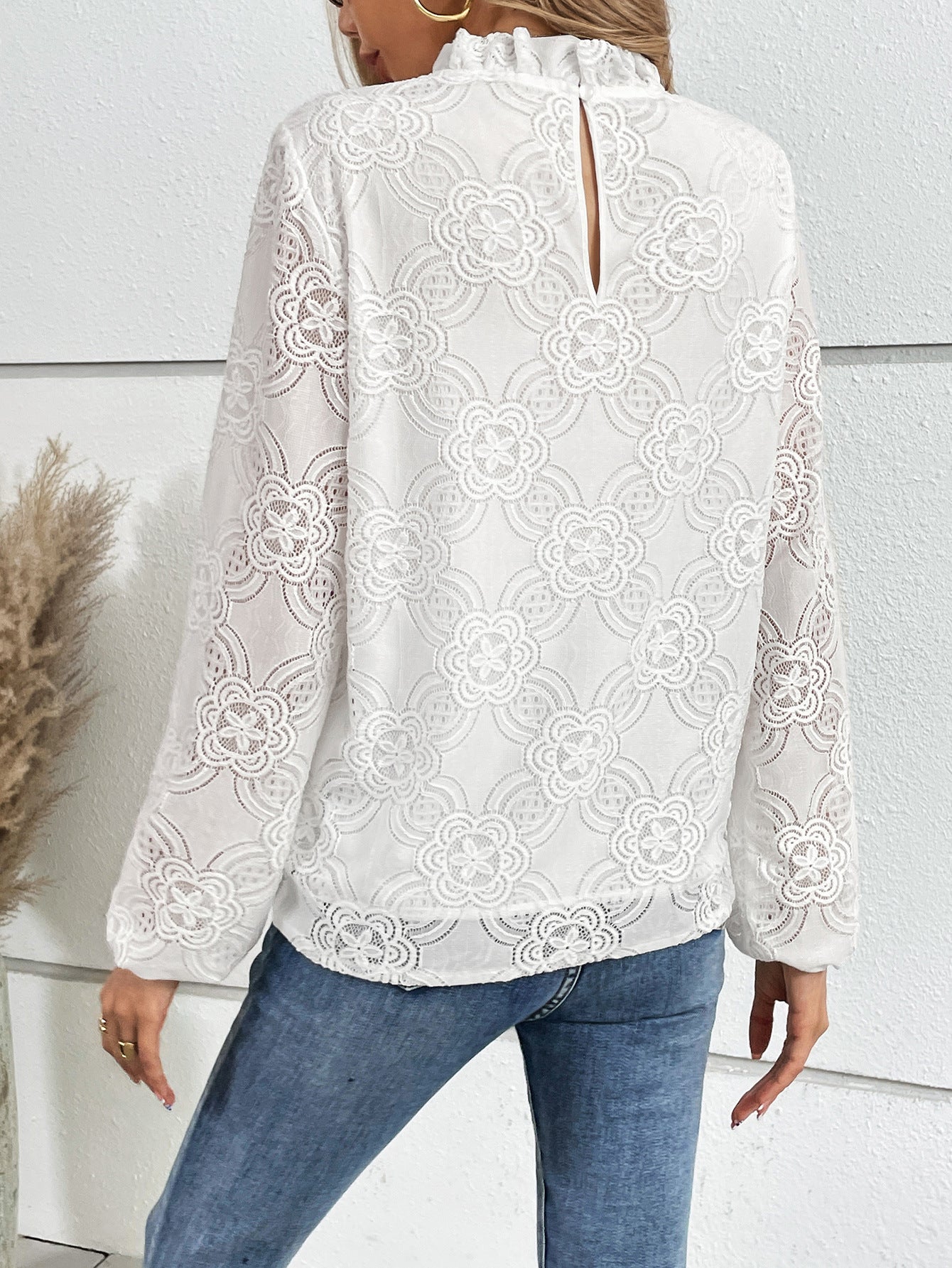 White Self Designed Puff Sleeves Linen Top