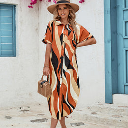 Orange Abstract Printed Shirt Midi Dress