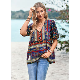 Navy Blue & Red Floral Print V-Neck Bohemian Top