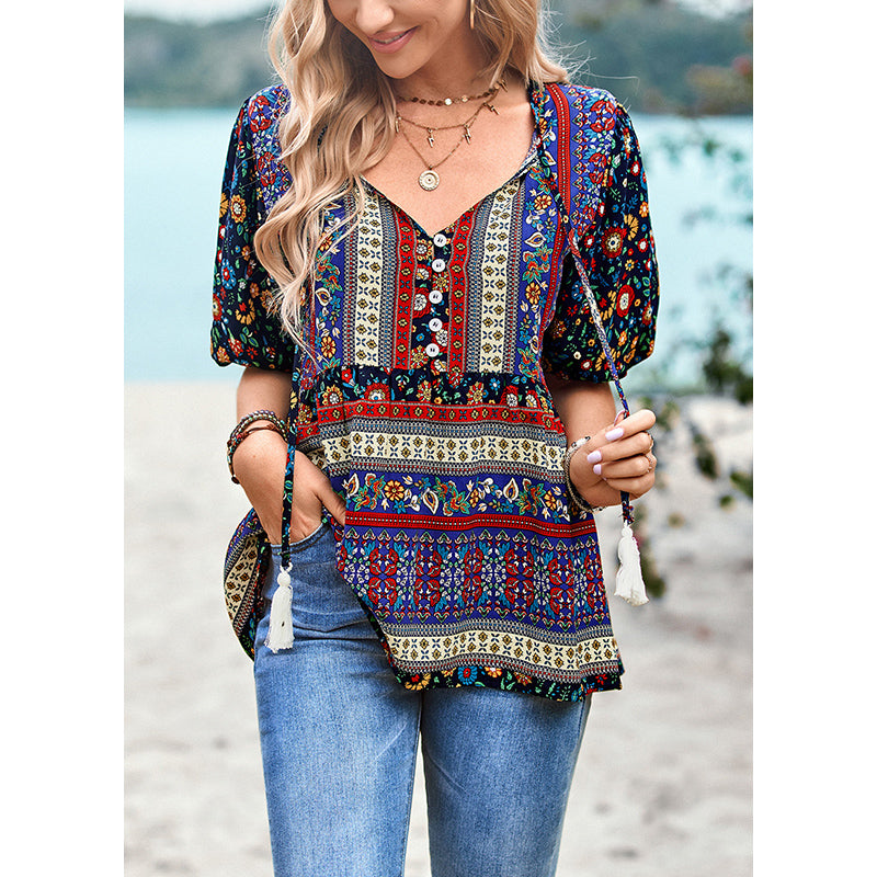 Navy Blue & Red Floral Print V-Neck Bohemian Top