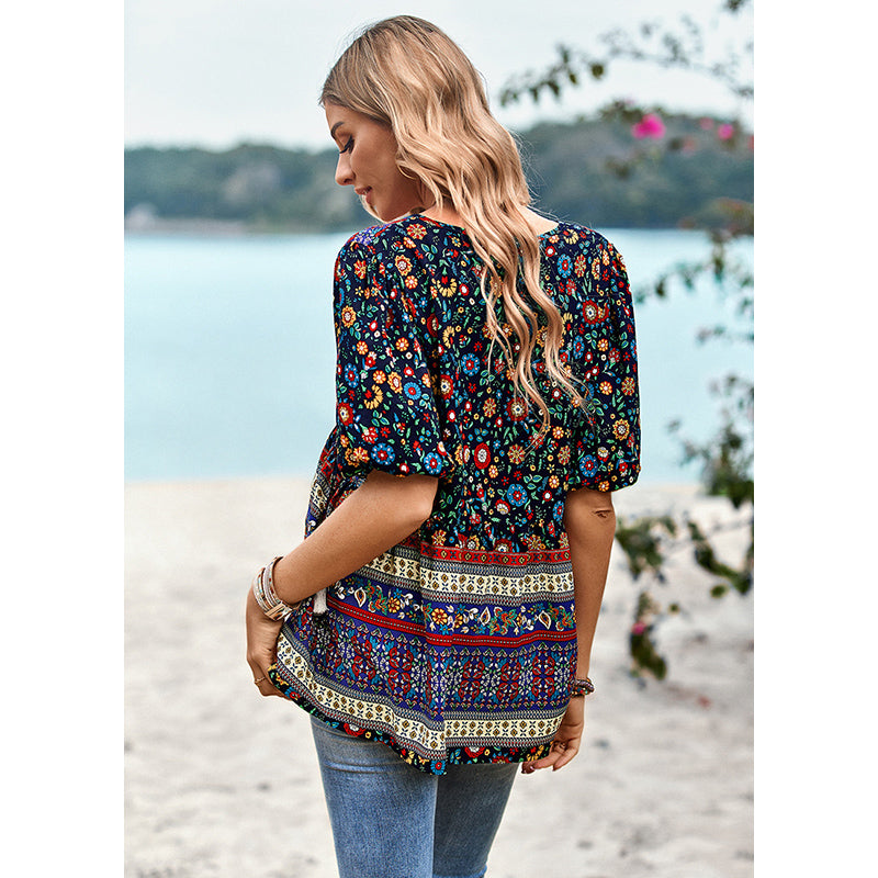 Navy Blue & Red Floral Print V-Neck Bohemian Top