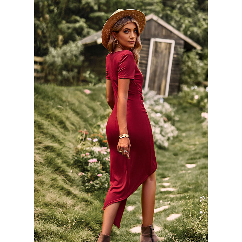 Red V-Neck Gather Detailed Midi Bodycon Dress