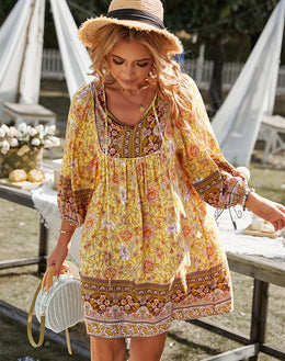 Yellow Floral Print Tie-Up Neck Puff Sleeve A-Line Dress