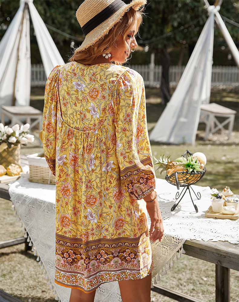 Yellow Floral Print Tie-Up Neck Puff Sleeve A-Line Dress