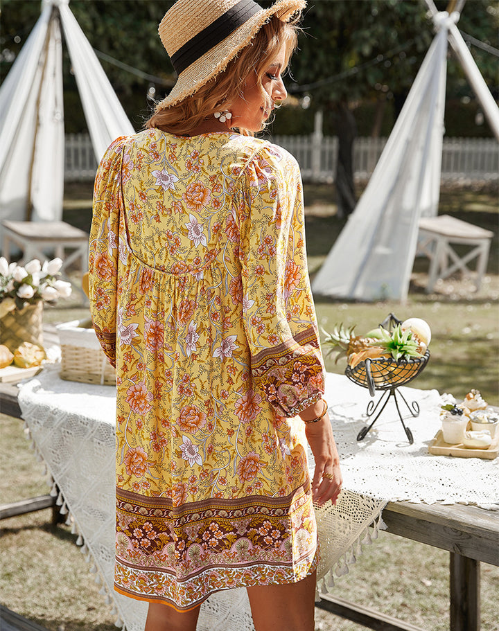 Yellow Floral Print Tie-Up Neck Puff Sleeve A-Line Dress