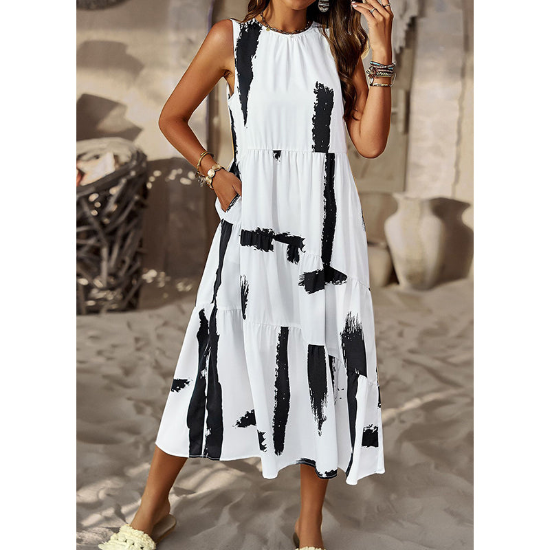 Round Neck Abstract Print A-Line Maxi Dress