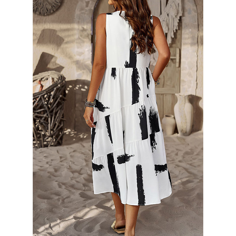 Round Neck Abstract Print A-Line Maxi Dress