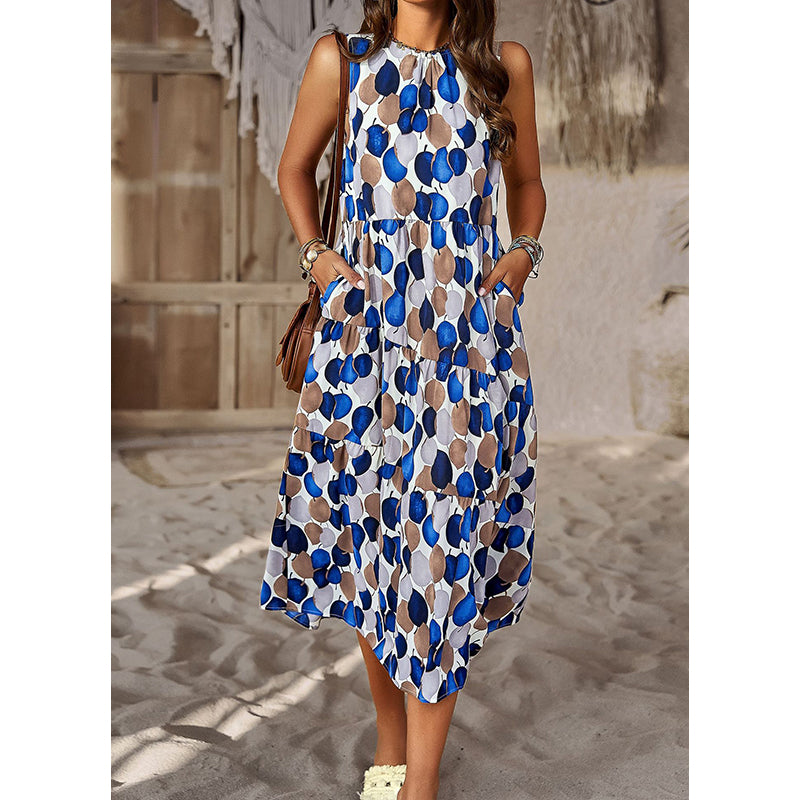 Blue Round Neck Print A-Line Midi Dress