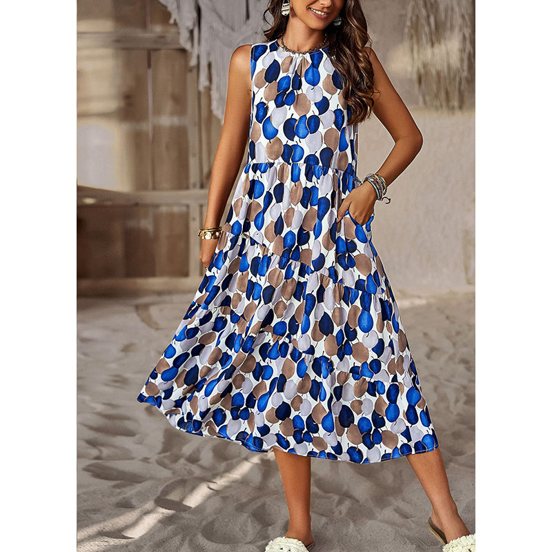 Blue Round Neck Print A-Line Midi Dress