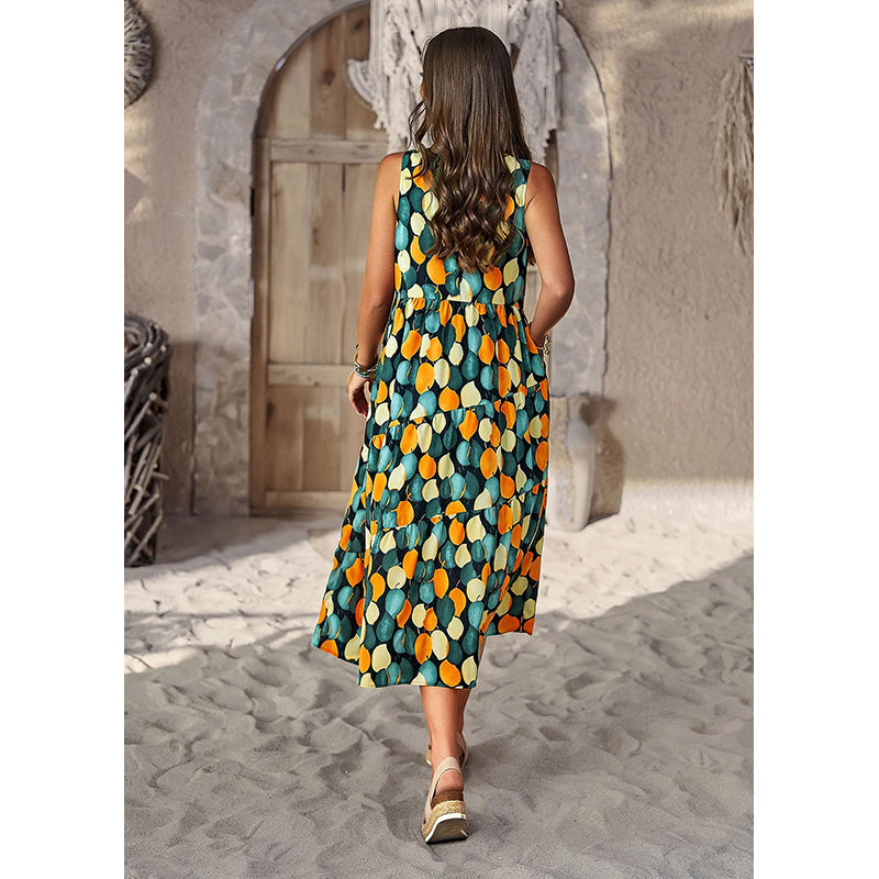 Floral Printed Sleeveless Tiered A-Line Midi Dress