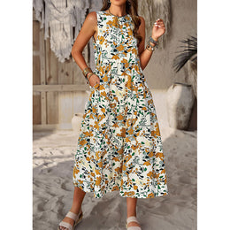 Beige Round Neck Floral Print Maxi Midi Dress