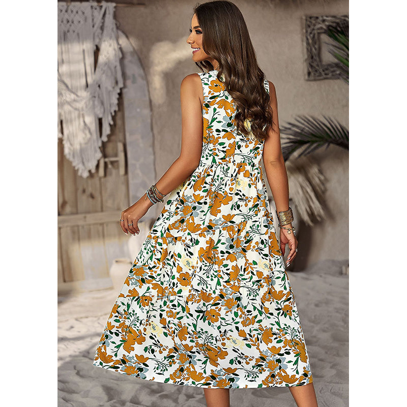 Beige Round Neck Floral Print Maxi Midi Dress