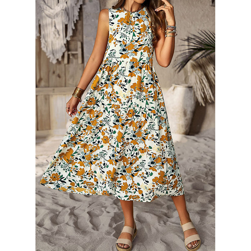 Beige Round Neck Floral Print Maxi Midi Dress