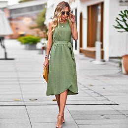 Olive Belted Dobby Fit & Flare Dress