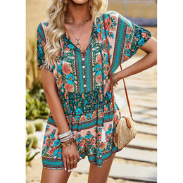 Green & Blue Printed Shirt Collar Playsuit