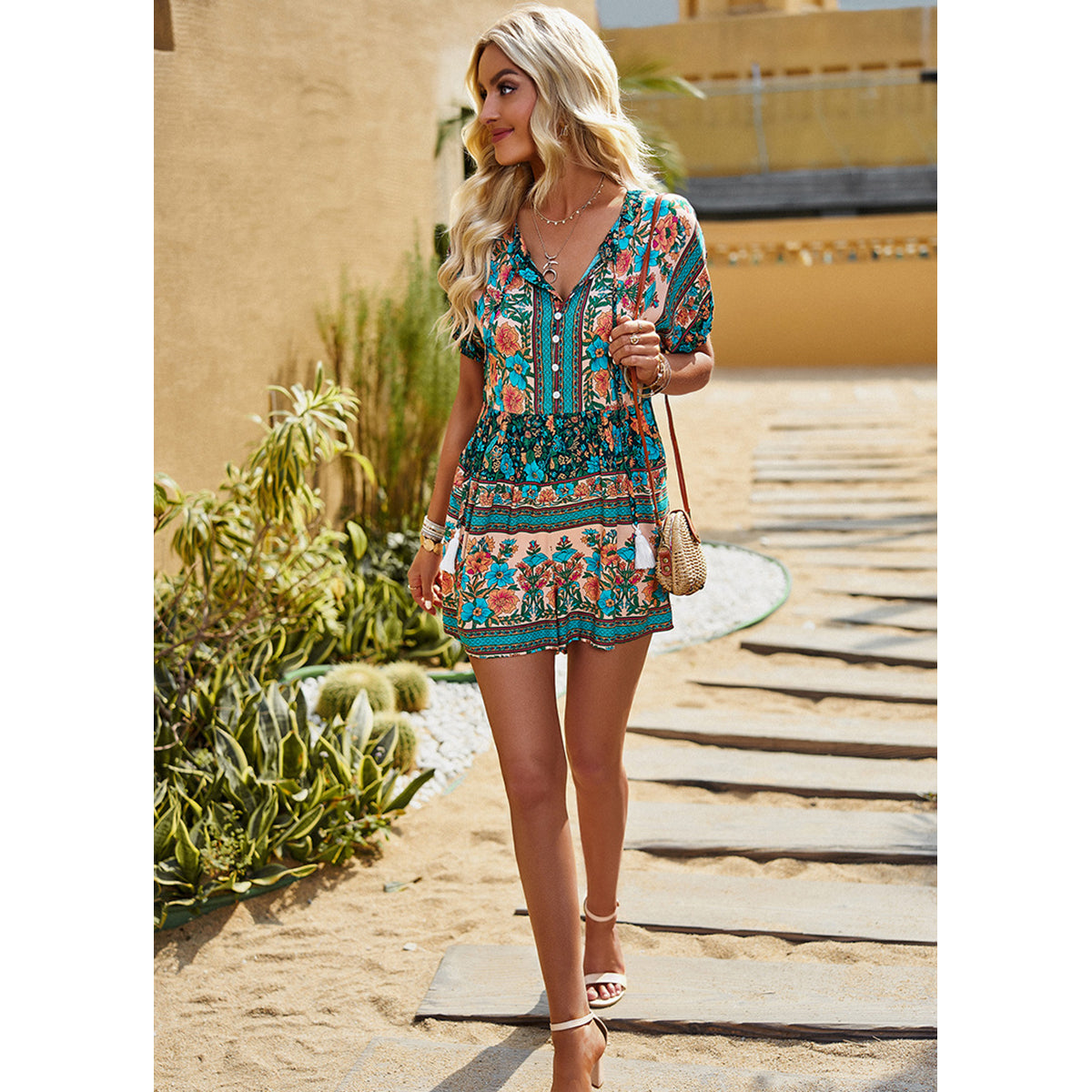 Green & Blue Printed Shirt Collar Playsuit