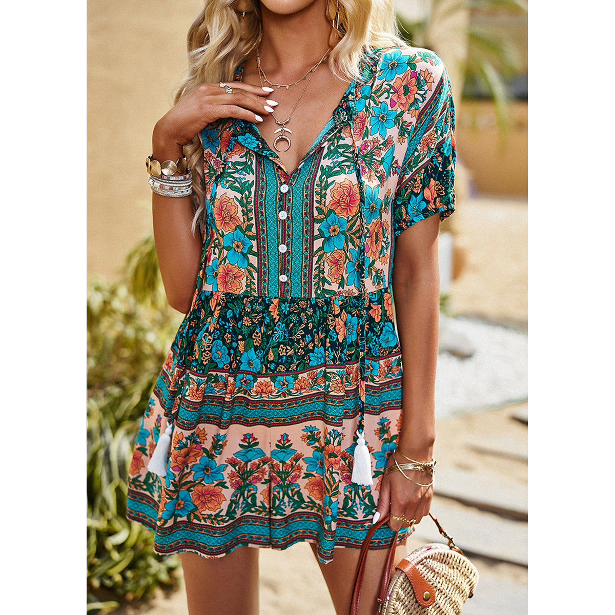 Green & Blue Printed Shirt Collar Playsuit