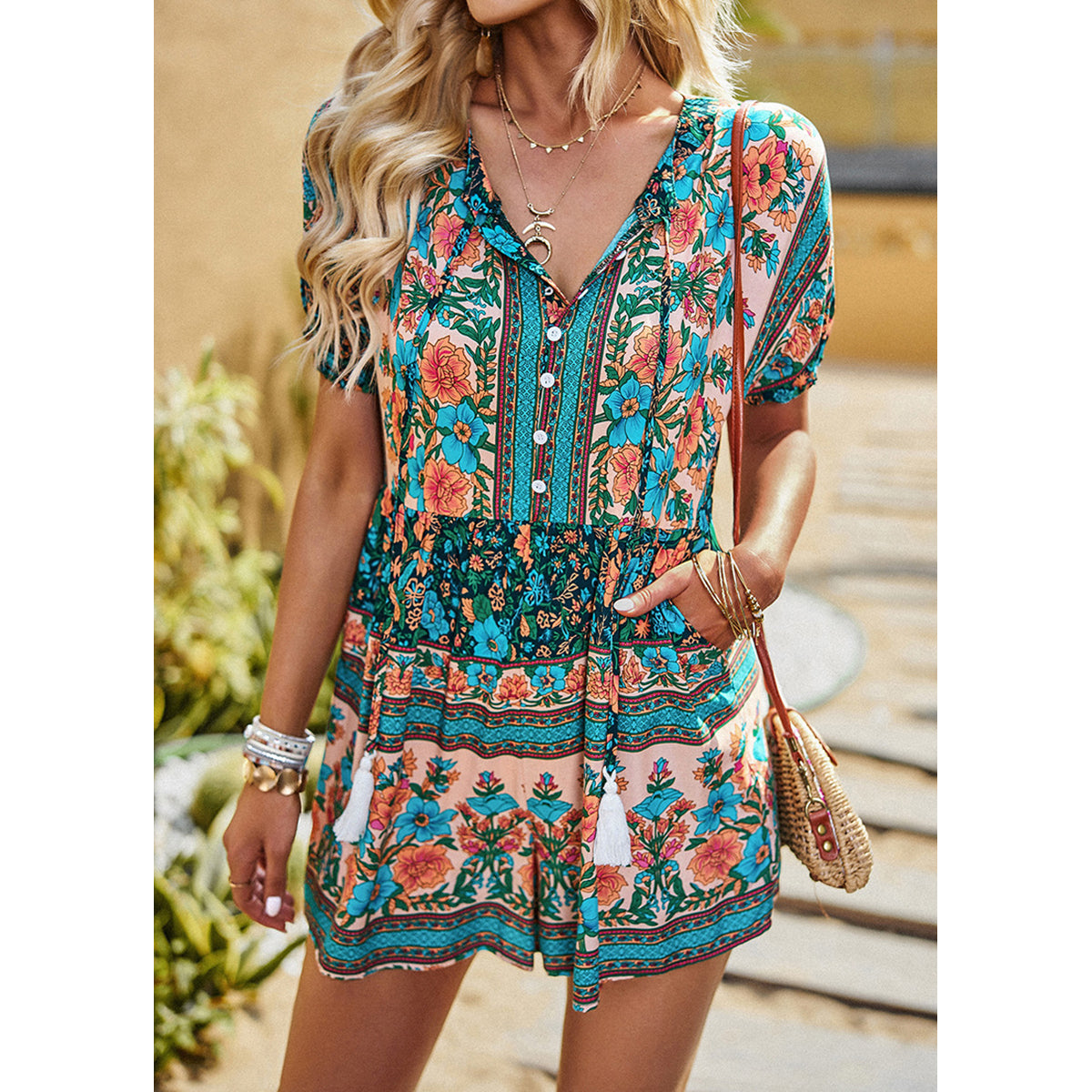 Green & Blue Printed Shirt Collar Playsuit