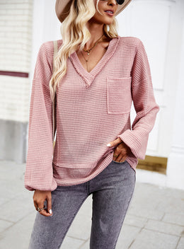 Pink Casual V-Neck Long Sleeve Top