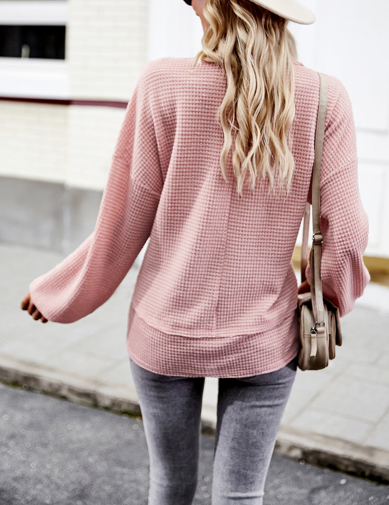 Pink Casual V-Neck Long Sleeve Top