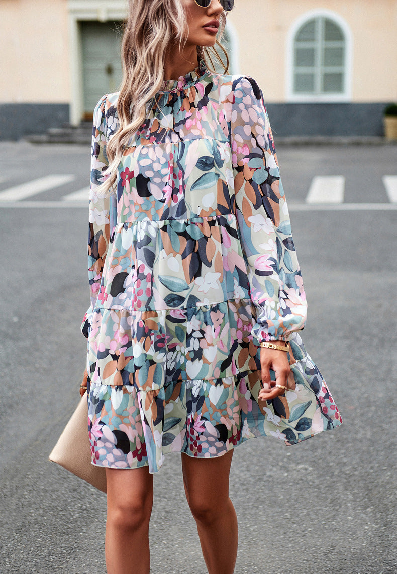 Green & Blue Abstract Printed Tie-Up Neck Gathered Casual A-Line Dress