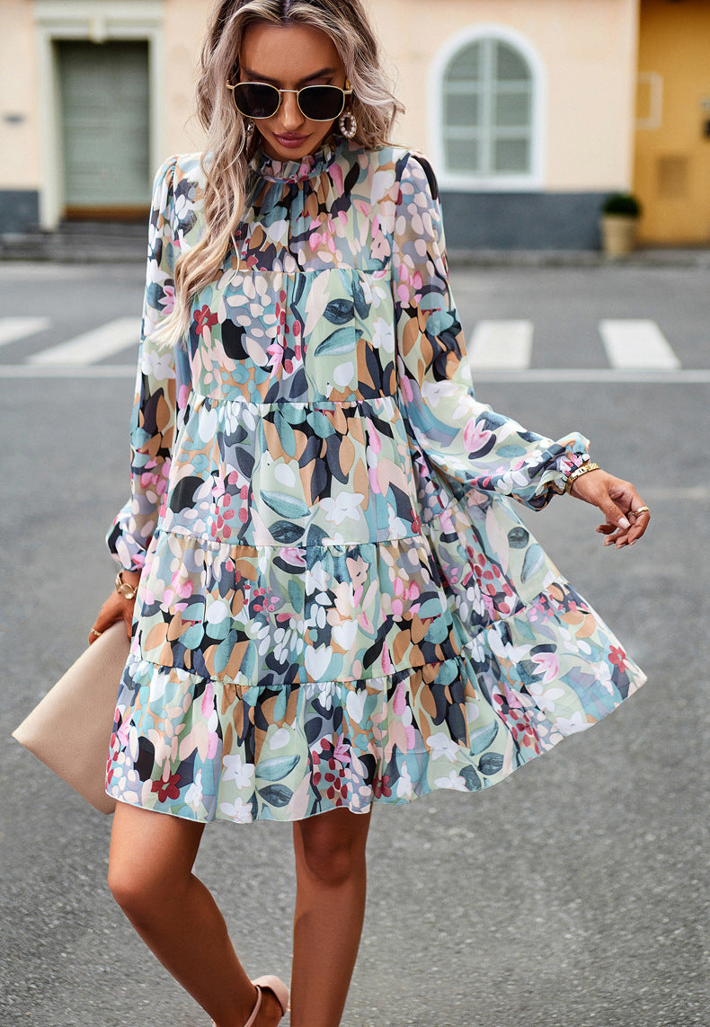Green & Blue Abstract Printed Tie-Up Neck Gathered Casual A-Line Dress