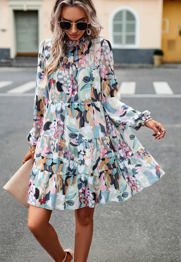 Green & Blue Abstract Printed Tie-Up Neck Gathered Casual A-Line Dress