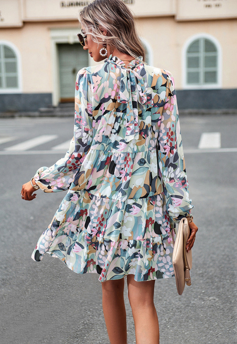 Green & Blue Abstract Printed Tie-Up Neck Gathered Casual A-Line Dress