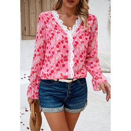 Red Floral Printed Long Sleeves Top