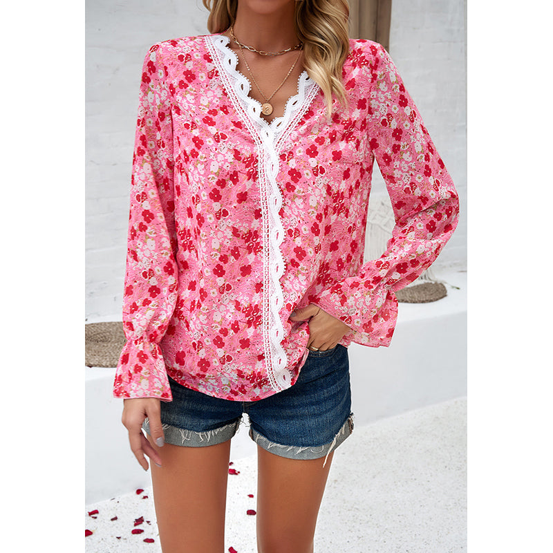 Red Floral Printed Long Sleeves Top