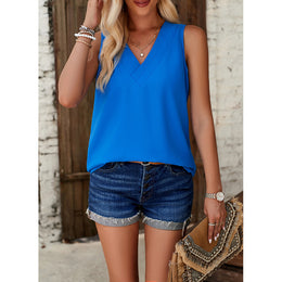 Blue V-Neck Sleeveless Regular Opaque Casual Top