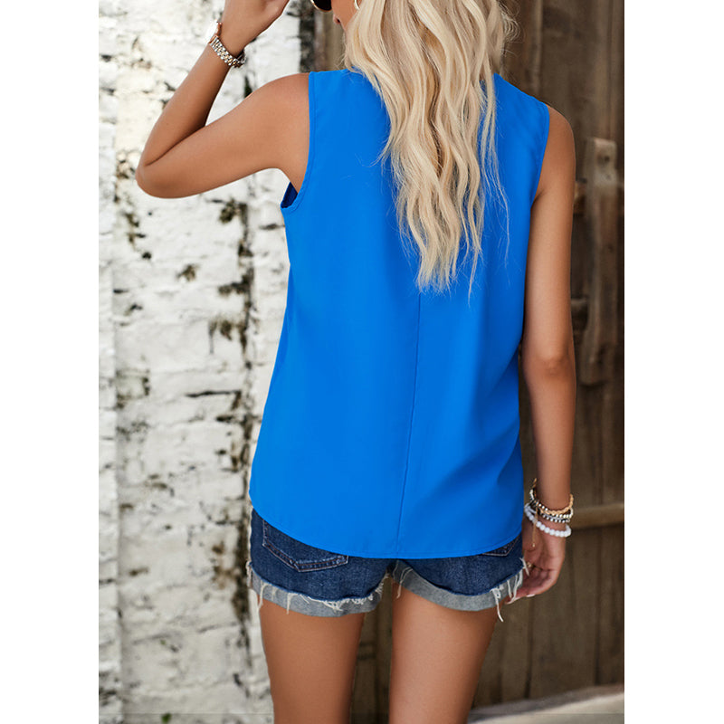 Blue V-Neck Sleeveless Regular Opaque Casual Top
