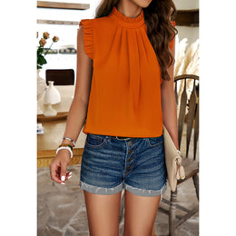 Orange High Neck Flutter Sleeves Pleated Top