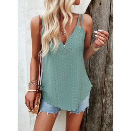 Green Self Design V-Neck Knitted Top