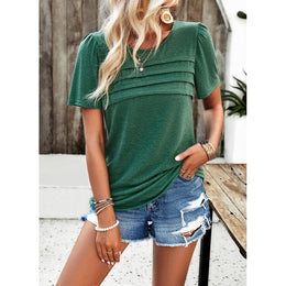 Green Textured Round Neck Short Sleeves Top